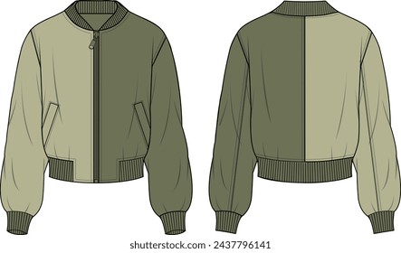 Unisex Color Block Bomberjacke. Technische Modedarstellung. Vorder- und Rückseite, khaki-Farbe. CAD-Modell.	