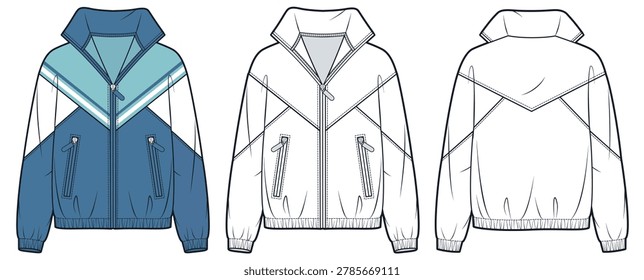 Unisex Color Block Track Jacket Fashion Flat Technical Drawing Template, zip front, stand collar, color block paneling, zip pockets, long sleeves, front back views. Activewear Jacket CAD mockup.