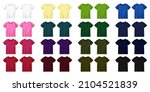 Unisex colored t shirt mock up. T-shirt design template. Pink, red, green, blue, black, white, yellow, malachite, purple, burgundy, khaki. Short sleeve tee. Front and back views. Vector illustration.