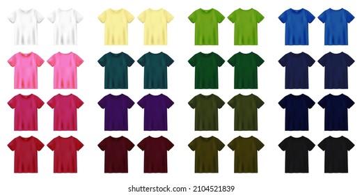 Unisex colored t shirt mock up. T-shirt design template. Pink, red, green, blue, black, white, yellow, malachite, purple, burgundy, khaki. Short sleeve tee. Front and back views. Vector illustration.
