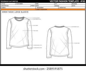 UNISEX CREW NECK LONG SLEEVE SKETCH FASHION TEMPLATE TECHNICAL ILLUSTRATION