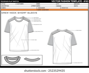 UNISEX CREW NECK SHORT SLEEVE FLAT SKETCH FASHION TEMPLATE TECHNICAL ILLUSTRATION