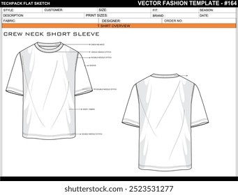 UNISEX CREW NECK SHORT SLEEVE TEE FLAT SKETCH FASHION TEMPLATE TECHNICAL ILLUSTRATION