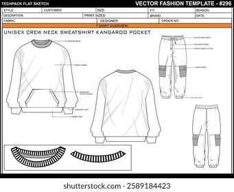 UNISEX CREW NECK SWEATSHIRT KANGAROO POCKET SKETCH FASHION TEMPLATE TECHNICAL DRAWING ILLUSTRATION.eps