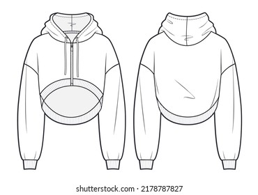 Unisex Crop Hooded Sweatshirt Modevorlage für technische Zeichnungen. Übergroße Crop-Hoodie-Vorlage, Vorder- und Rückansicht, weiße Farbe, Rippenhammer, Reißverschluss. Damenmode-CAD-Modell.