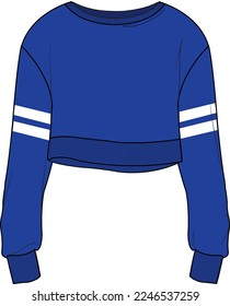 Unisex Crop Stripe Sweatshirt. Technical fashion sweatshirt illustration. Flat apparel sweat template front, blue color. Unisex CAD mock-up.
