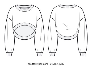 Unisex Crop Sweatshirt Fashion Tehnical Drawing Template. Oversize Sweatshirt Template, Front And Back View, White Colour, Rib Collar And Hem. Women's Fashion CAD Mock-up.