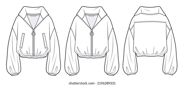 Unisex Crop Sweatshirt technical fashion Illustration.  Oversize zip-up Jacket fashion flat technical drawing template,  front and back view, white colour, women, men, unisex CAD mock-up, set.