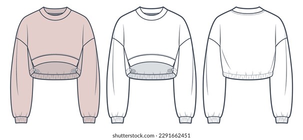 Ilustración técnica de la moda Unisex Crop Sweatshirt. Moda de sudadera asimétrica planetaria de dibujo técnico, vista frontal y trasera, blanco, color mocha, mujeres, hombres, conjunto de maquillaje CAD unisex.