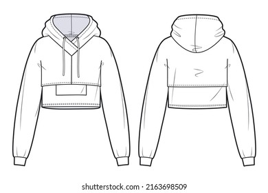 Unisex cropped Hoodie design fashion flat sketch template. Oversize Raglan Hoodie Sweatshirt long sleeve fashion cad mock up. 