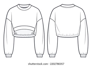 Unisex Cropped Sweatshirt fashion flat technical drawing template. Oversize Sweatshirt technical fashion Illustration, front and back view, white color, women, men, unisex CAD mockup.