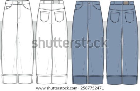 Unisex cuff Jeans Pants technical fashion illustration.  Boyfriend, mom fit jeans Fashion flat technical drawing template, hight waist, straight, women, men, unisex CAD mockup set.