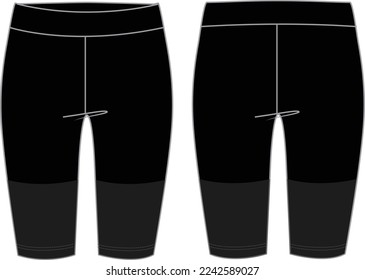 Unisex Cycling Shorts - Technische Modegrafik Shorts. Flaches Bekleidungsshorts Vorder- und Rückseite, schwarze Farbe. Unisex CAD-Modell.