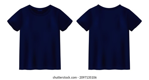 Unisex dark blue t shirt mock up. T-shirt design template. Short sleeve tee. Front and back views. Vector illustration.