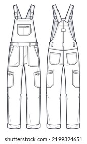 Unisex Denim Dungaree, Jumpsuit fashion flat technical drawing template. Jumpsuit fashion illustration with full length, pockets, oversized, front, back view, white, women, men, unisex CAD mockup.