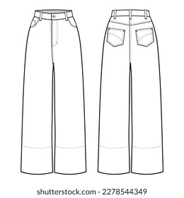 Unisex denim Jeans Hots modifiziert flache technische Zeichnungsvorlage. Jeans High-Taille, Gepäckige gerade fit, Frauen, Männer, Front-View, Rückansicht, Weiß, CAD-Mock-Up.