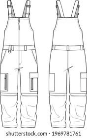 Unisex Denim Utility Dungarees. Dungarees technical fashion illustration with pocket detail. Flat apparel dungarees template front and back, white color. Unisex CAD mock-up.