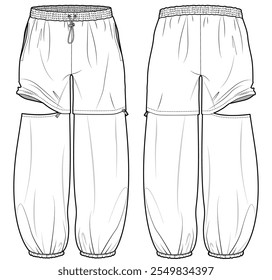 cordão elástico cintura elástica trouser conversível esboço plano vetor ilustração calça ativo frente e verso visão técnica modelo de desenho cad