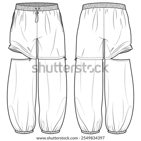 unisex drawstring elastic waist convertible trouser flat sketch vector illustration active pant front and back view technical cad drawing template