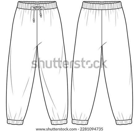 unisex drawstring elastic waist gathered cuff pants flat sketch vector illustration technical cad drawing template