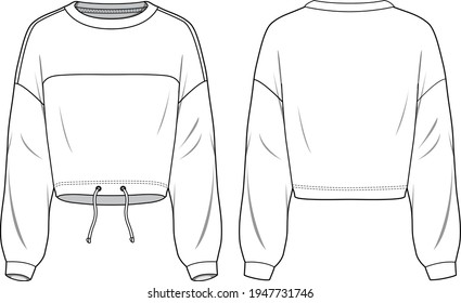 Unisex Drawstring Hem Crop Sweatshirt. Technical fashion sweatshirt illustration. Flat apparel sweat template front and back, white color. Unisex CAD mock-up.