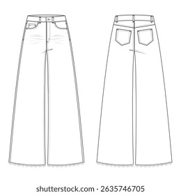 Unisex jeans flargos modelo CAD -Denim Calças Raw Hem Desenho técnico, esboço de planos