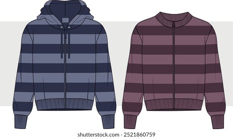 unisex full Zip Striped jacket and zipper striped hooded sweatshirt  technical fashion illustration. Flat apparel jumper template men's and women's CAD mock-up.