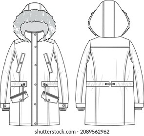 Chaqueta De Parka Con Piel De Pie De Unisex. Ilustración técnica de la chaqueta. Plantilla de la chaqueta de ropa plana en la parte delantera y trasera, color blanco. Un simulacro de CAD de Unisex.