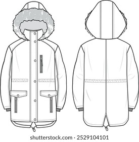 Unisex Fur Hooded Parka Jacket. Technical fashion illustration. Front and back, white color. Unisex CAD mock-up.