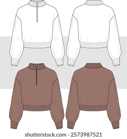 Unisex Half Zip Sweater- Sweater technical fashion drawing illustration. Flat apparel sweater template front and back, white colour. Unisex CAD mock-up.