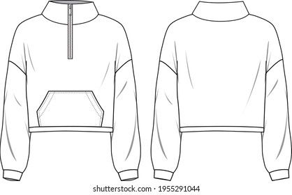 Unisex Half Zip Sweatshirt  Technical fashion sweatshirt illustration  Flat apparel sweat template front   back  white colour  Unisex CAD mock  up 