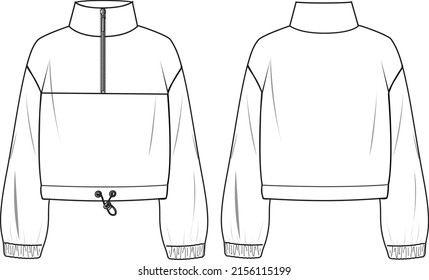 Unisex Half Zip Sweatshirt  Technical fashion sweatshirt illustration  Flat apparel sweat template front   back  white colour  Unisex CAD mock  up 