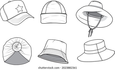 Unisex Hat Set. Technical fashion hat illustration. Flat apparel hat template front and back, white color. Unisex CAD mock-up.