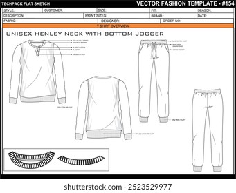 UNISEX HENLEY NECK WITH BOTTOM JOGGER FLAT SKETCH FASHION TEMPLATE TECHNICAAL ILLUSTRATION