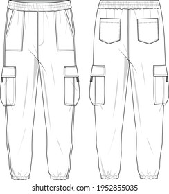 Unisex High Waisted, Side Pocket Cargo Joggers Pants. Joggers technical fashion illustration with elastic waistband. Flat apparel joggers template front and back, white colour. Unisex CAD mock up.