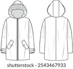 Unisex Hooded Coat. Technical fashion illustration. Front and back, white colour. Unisex CAD mock-up.