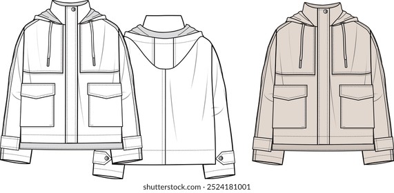Unisex Hooded Coat. Coat technical fashion illustration. Front and back, white and cream colour. Unisex CAD mock-