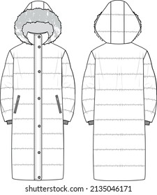 Unisex Hooded Duvet Puffer  Coat technical fashion illustration  Flat apparel coat template front   back  white colour  Unisex CAD mock  up 