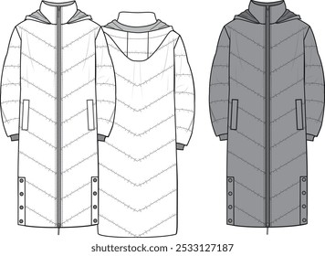 Unisex Hooded Duvet Puffer. Technical fashion illustration. Front and back, white and grey colour. Unisex CAD mock-up.