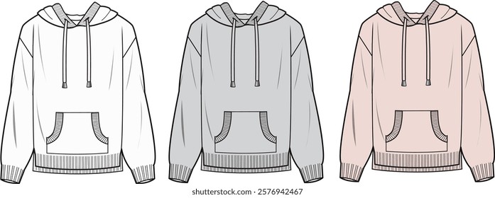 Unisex Hooded Knit Jumper- Technical fashion illustration. Front, white, grey and pink colour. Women's CAD mock-up.