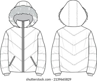 Unisex Hooded Puffer. Ilustración de moda técnica de abrigo. Funda plana de la capa frontal y posterior, color blanco. Un simulacro de CAD de Unisex.