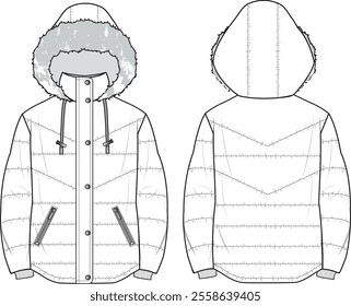 Unisex Hooded Puffer Coat. Technical fashion illustration. Front and back, white colour. Unisex CAD mock-up.