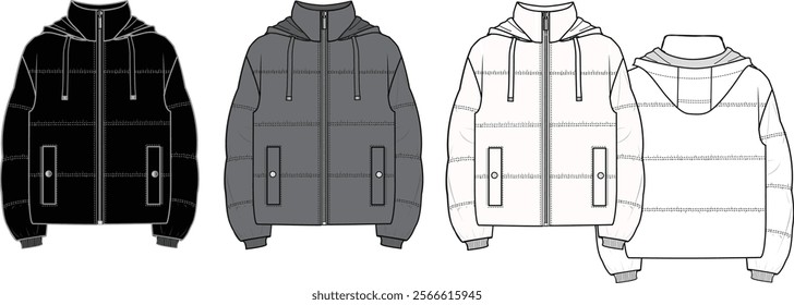 Unisex Hooded Puffer Coat. Technical fashion illustration. Front and back, white, black and grey colour. Unisex CAD mock-up.