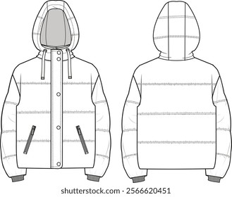 Unisex Hooded Puffer Coat. Technical fashion illustration. Front and back, white colour. Unisex CAD mock-up.