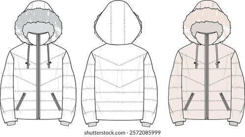 Unisex Hooded Puffer Coat. Technical fashion illustration. Front and back, white colour. Unisex CAD mock-up.