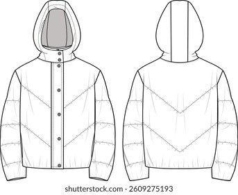 Unisex Hooded Puffer Coat. Technical fashion illustration. Front and back, white colour. Unisex CAD mock-up.