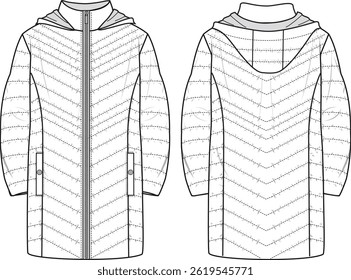 Casaco De Puffer Unisex. Ilustração de moda técnica. Frente e verso, cor branca. Mock-up de CAD da Unisex.