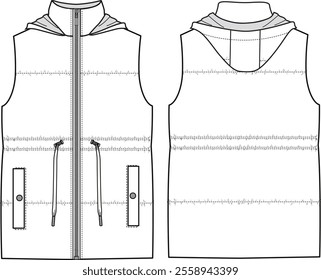 Unisex Hooded Puffer Gilet. Vest technical fashion illustration. Front and back, white color. Unisex CAD mock-up.