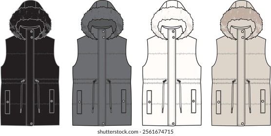 Unisex Hooded Puffer Gilet. Vest technical fashion illustration. Front, white, black, grey, and beige color. Unisex CAD mock-up.