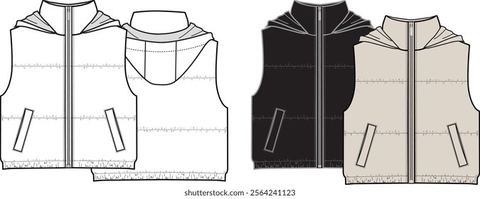 Unisex Hooded Puffer Gilet. Vest technical fashion illustration. Front, white, black, grey, and beige color. Unisex CAD mock-up.